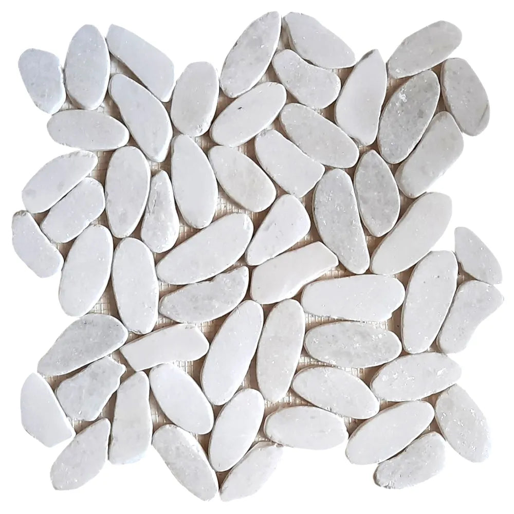 Milky White Sliced Oval Ellipse Pebble Tile - Pebble Tile Shop