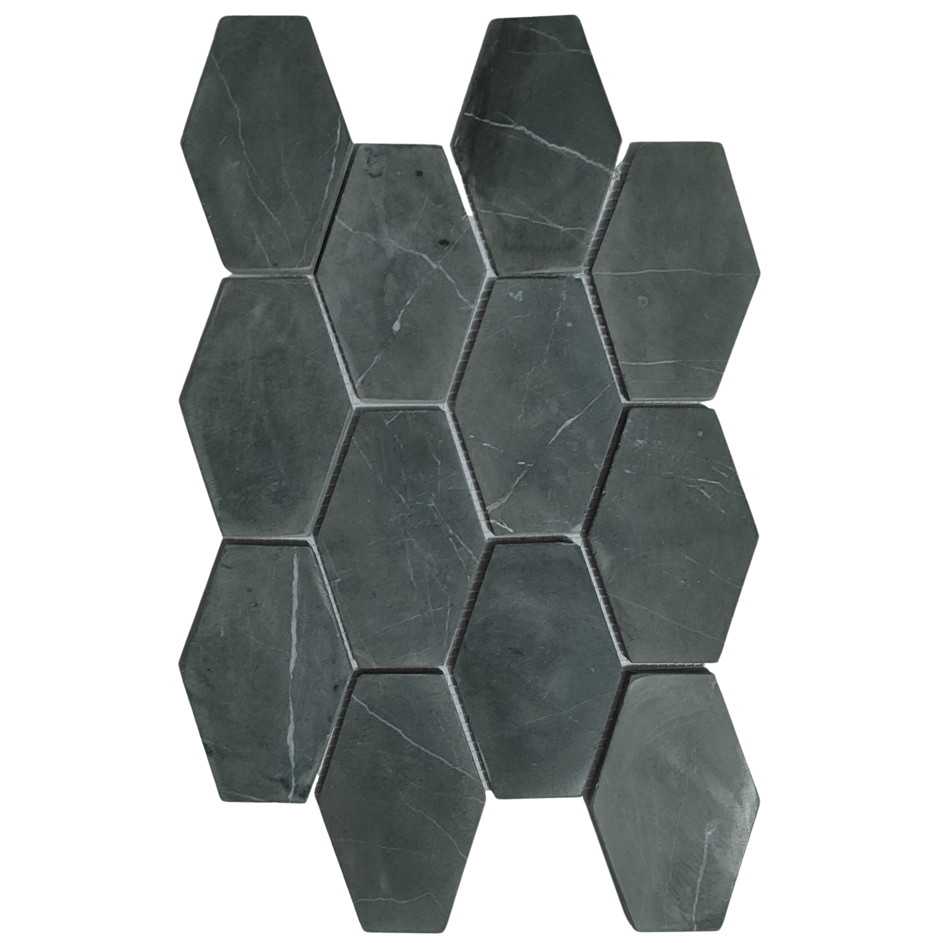 Dark Grey XL Large Elongated Hexagon Marble Mosaic Tile - Pebble Tile Shop