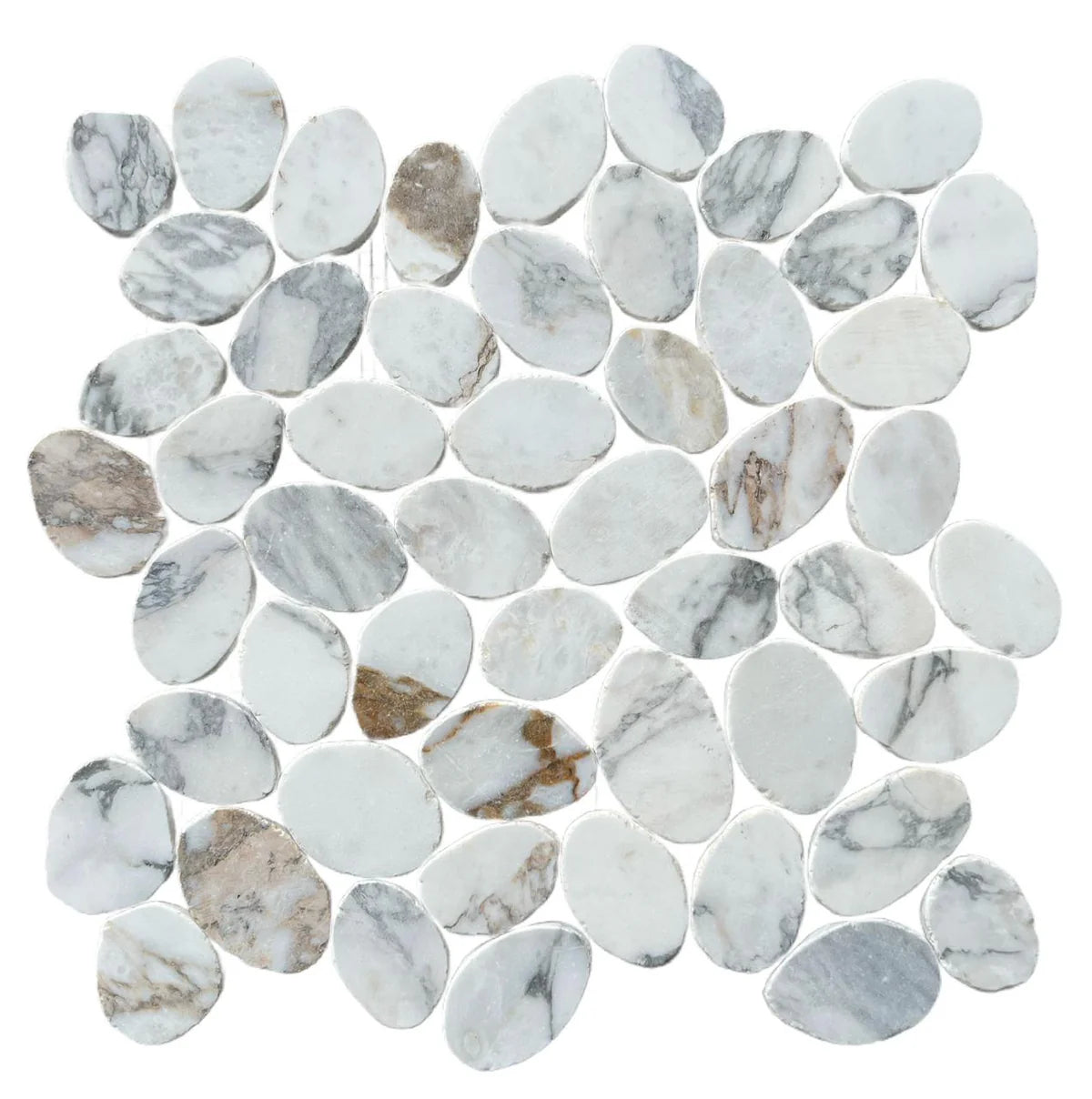 Calacatta Sliced Round Medium Marble Mosaic Tile - Pebble Tile Shop