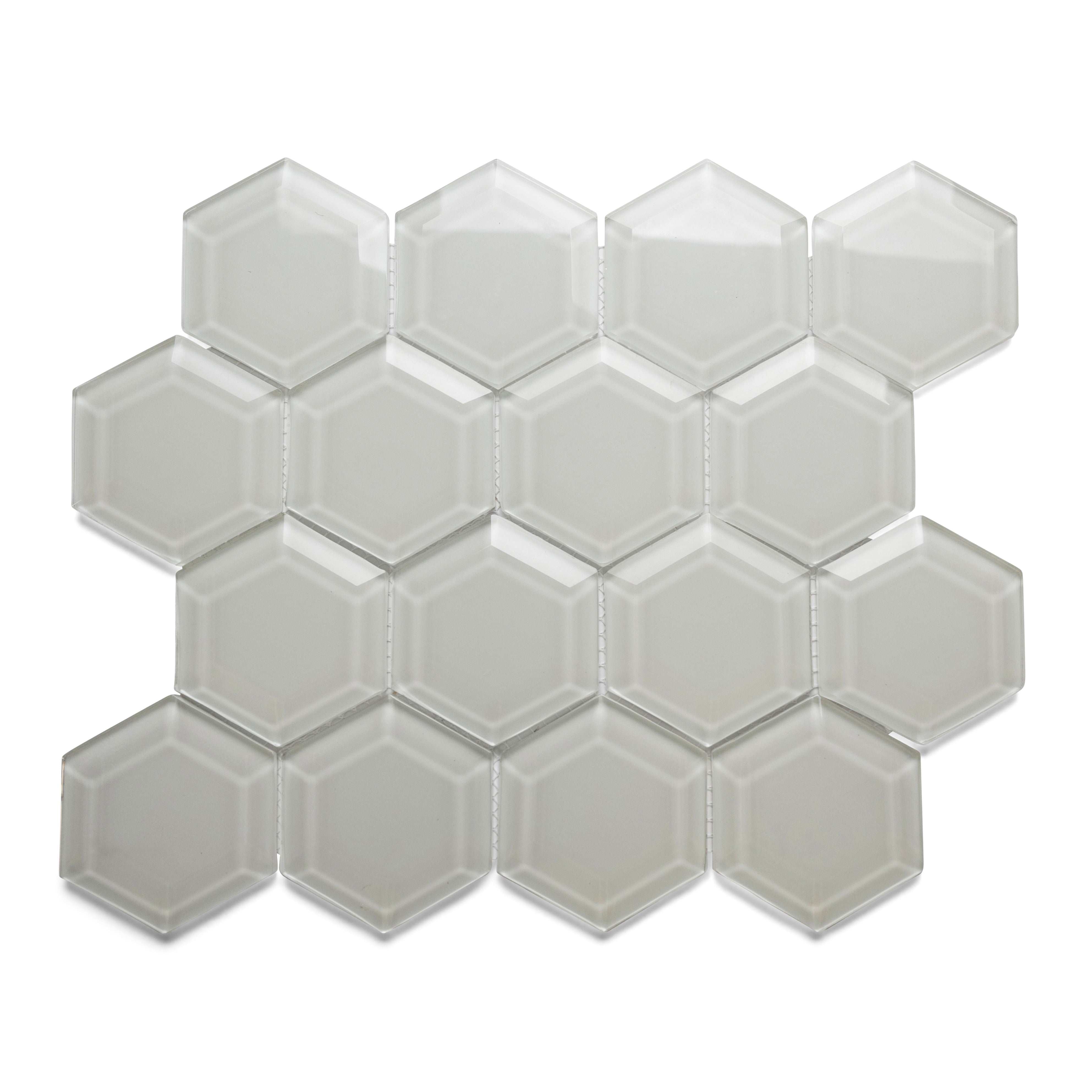 White Hexagon Beveled Glass Tile - Pebble Tile Shop