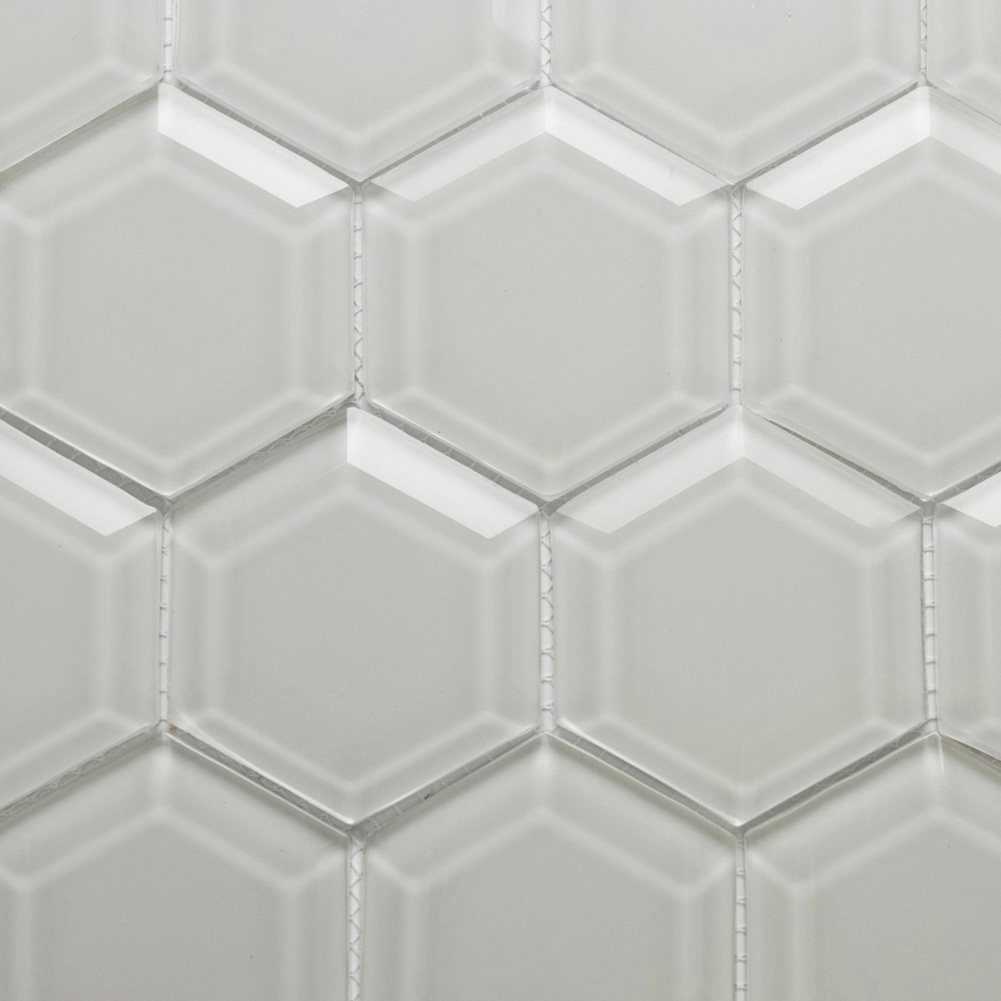 White Hexagon Beveled Glass Tile - Pebble Tile Shop