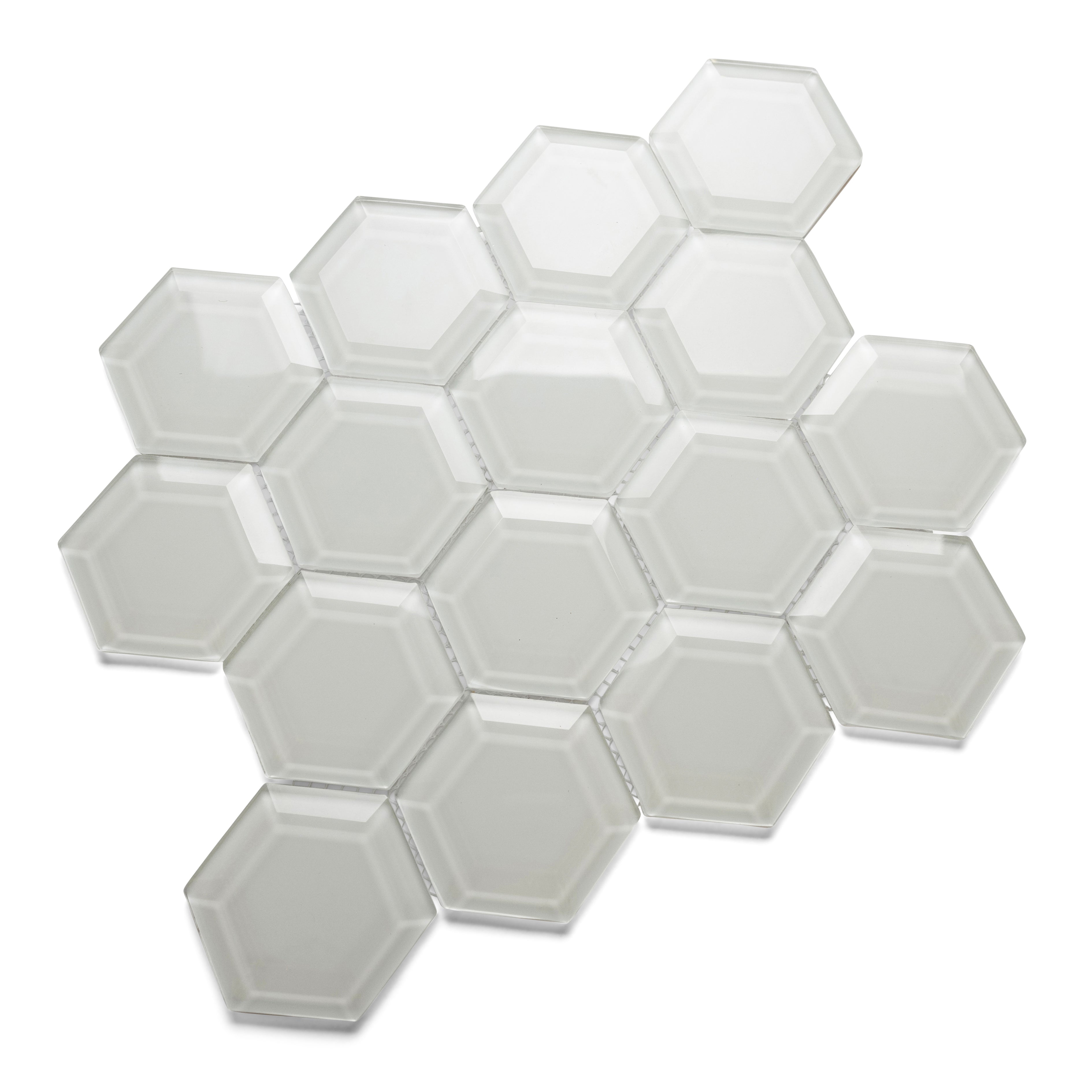 White Hexagon Beveled Glass Tile - Pebble Tile Shop