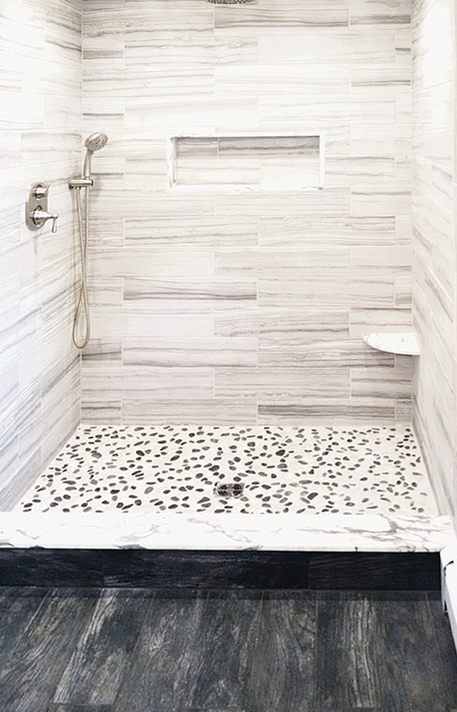 Black and White Pebble Tile Shower Pan - Pebble Tile Shop