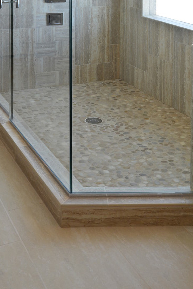 Contemporary Tan Pebble Shower Pan - Pebble Tile Shop