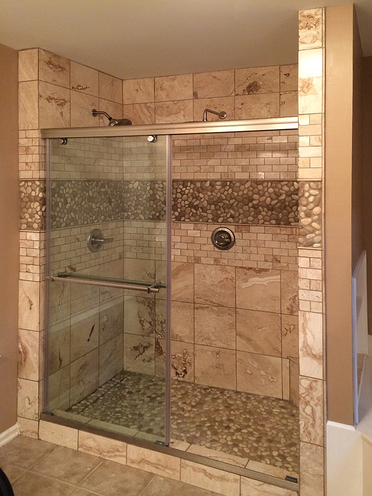 Glazed Java Tan & White Pebble Tile Shower Floor & Walls - Pebble Tile Shop