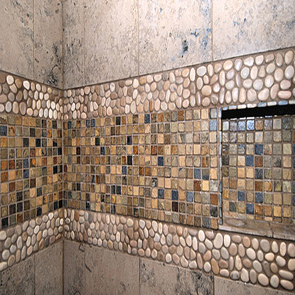 Glazed Tan Pebble Shower Border - Pebble Tile Shop