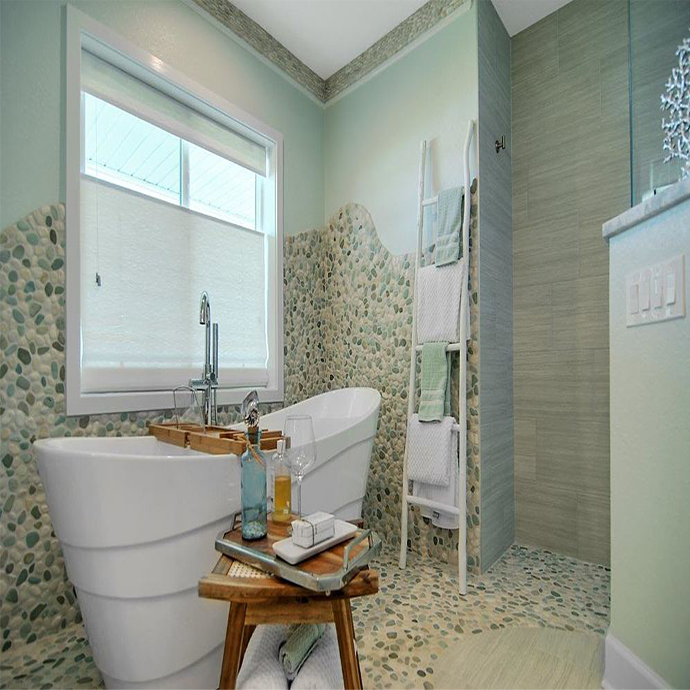Green and White Pebble Tile Bathroom Floor & Wall Covering - Pebble Tile Shop