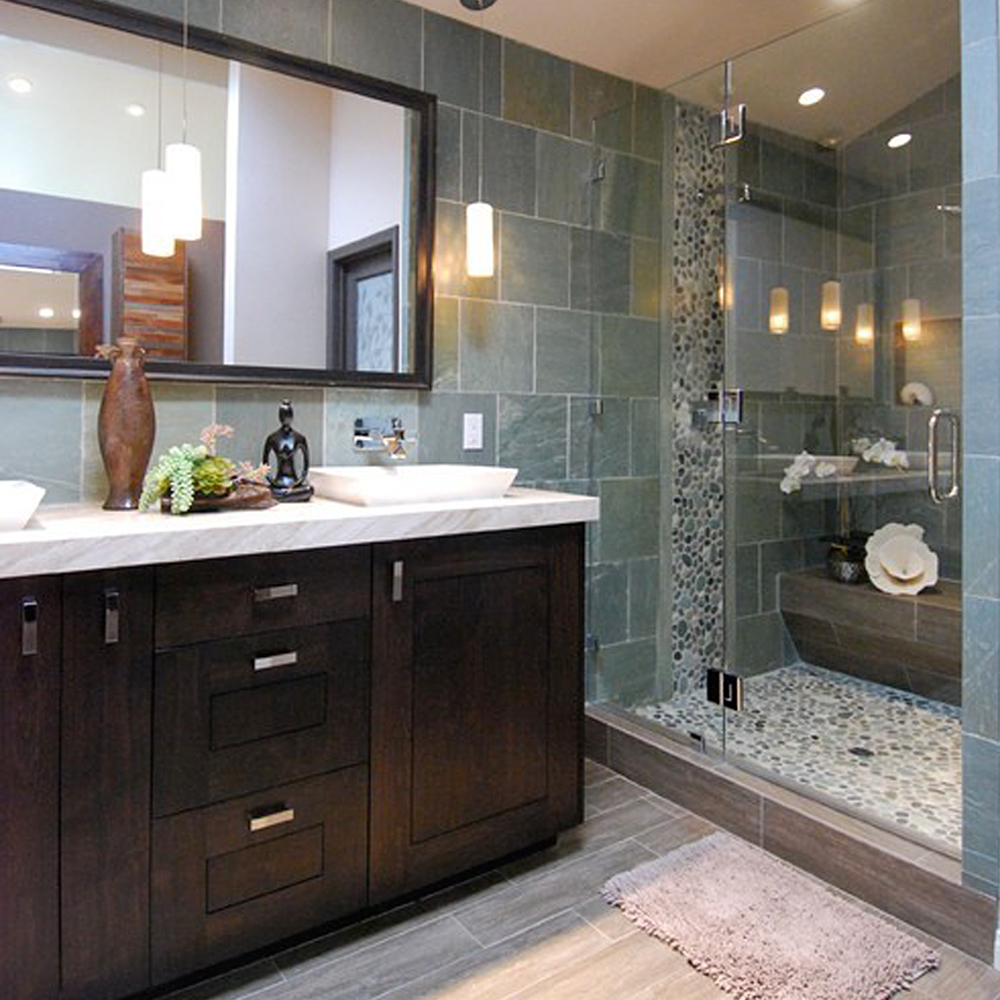 Green Pebble Tile Shower Pan & Accent Strip - Pebble Tile Shop