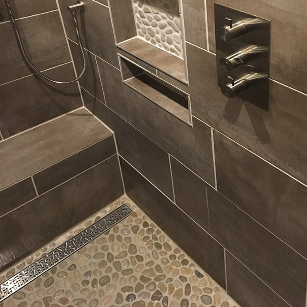 Java Tan Modern Shower Floor and Niche Accent - Pebble Tile Shop