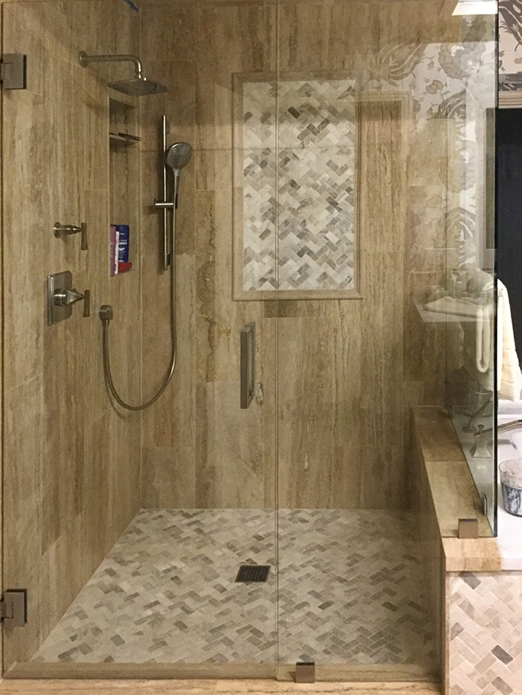 Mixed Quartz Herringbone Mosaic Shower Floors & Walls - Pebble Tile Shop