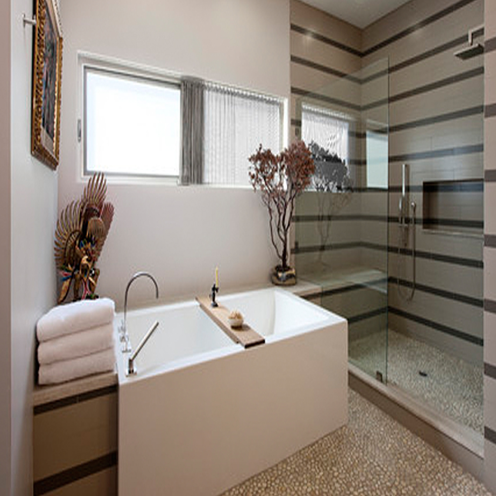 Modern Bathroom & Shower with Tan Pebble Tile Flooring - Pebble Tile Shop