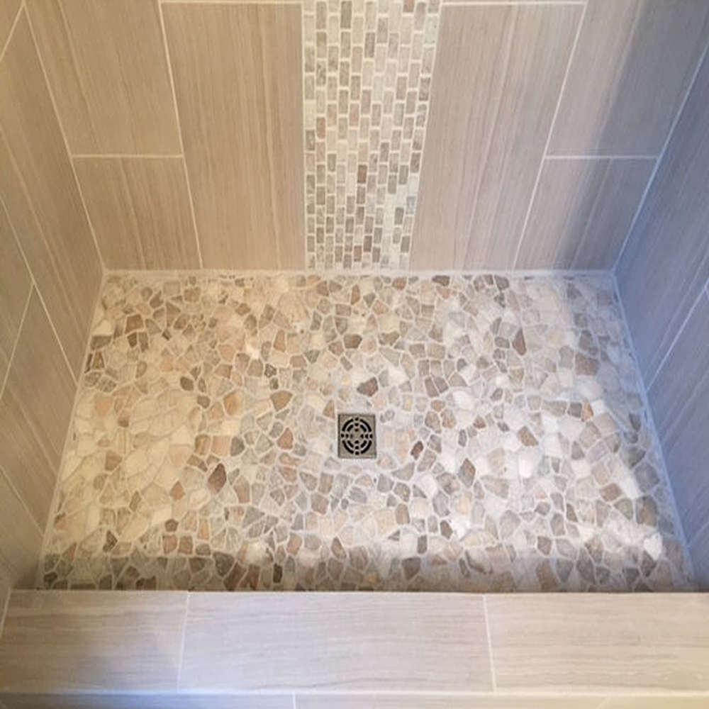 Mixed Quartz Shower Flooring With Quartz Accent - Pebble Tile Shop