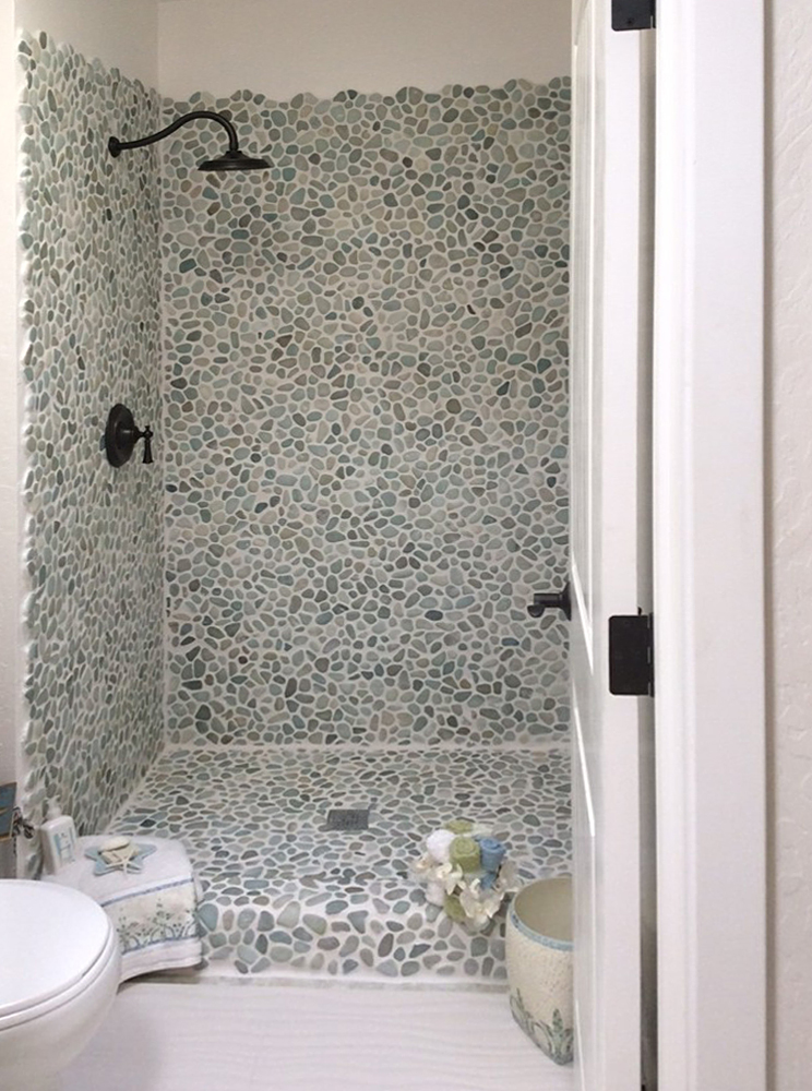 Sea Green and White Pebble Tile Shower - Pebble Tile Shop