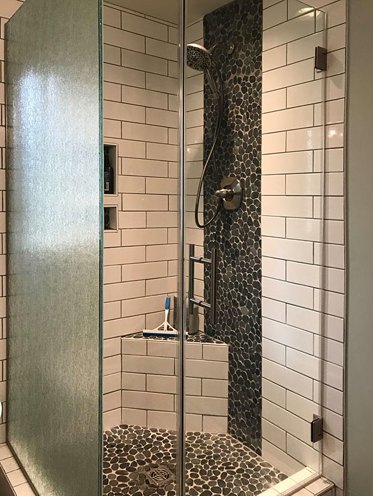 Sliced Charcoal Black Pebble Tile Shower Floor and Accent - Pebble Tile Shop