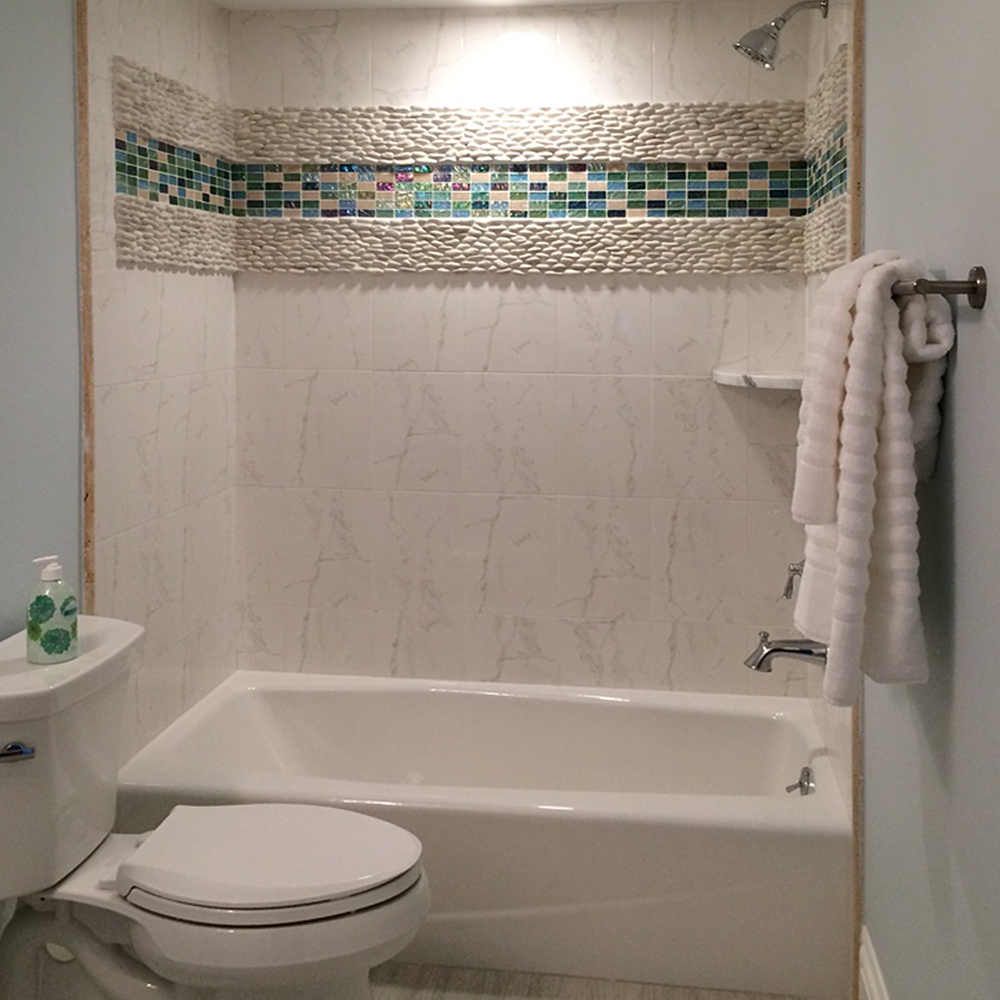 Standing White Pebble Tile Shower Accent - Pebble Tile Shop