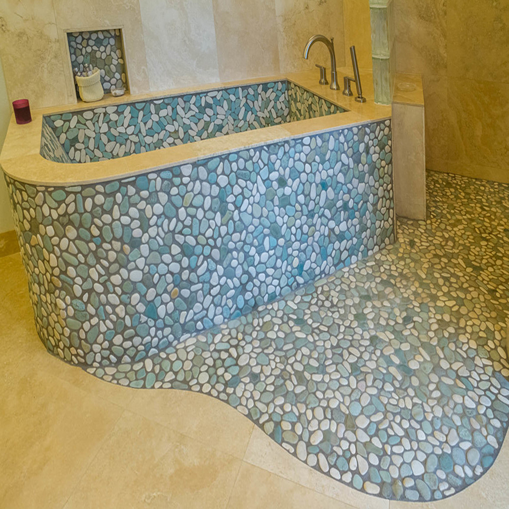 Sea Green & White Pebble Tile Bahttub Surround & Shower Floor - Pebble Tile Shop