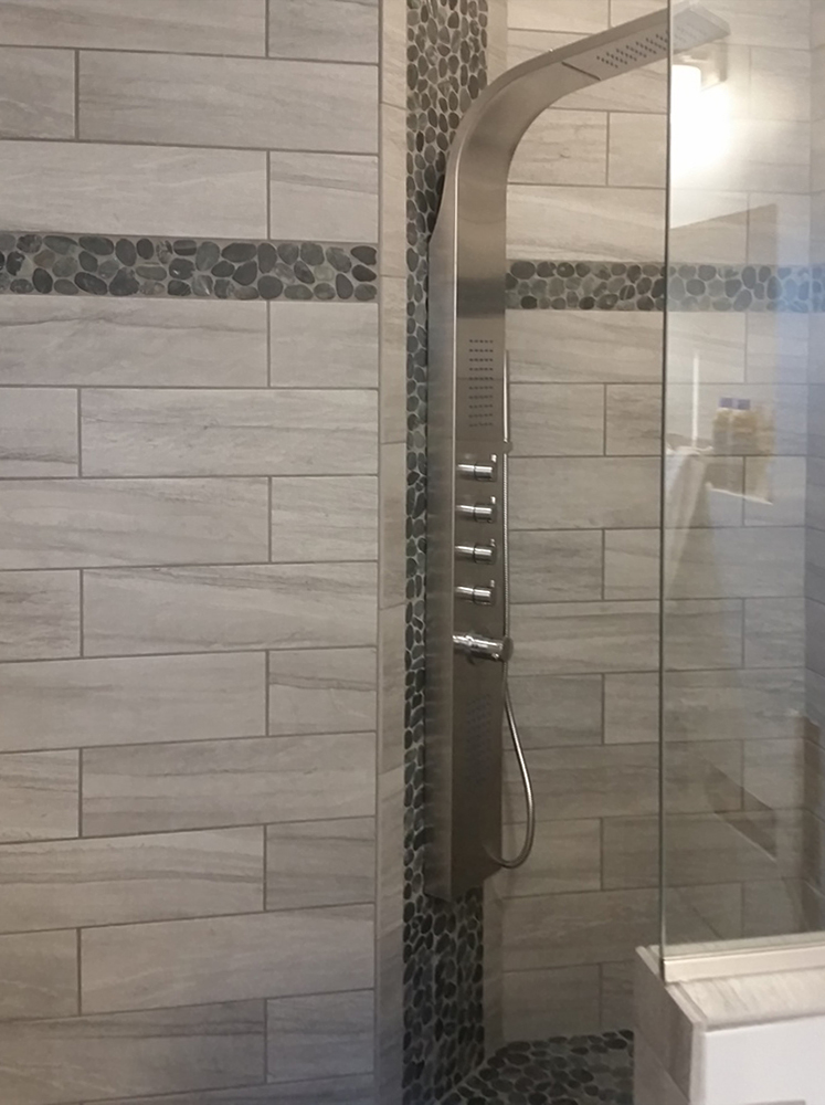 Sliced Charcoal Black Shower Floor and Accents - Pebble Tile Shop