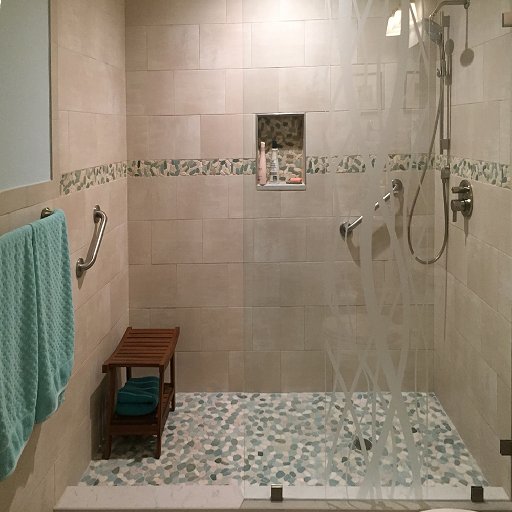 Sliced Green and White Pebble Tile Shower Floor and Border Strip - Pebble Tile Shop