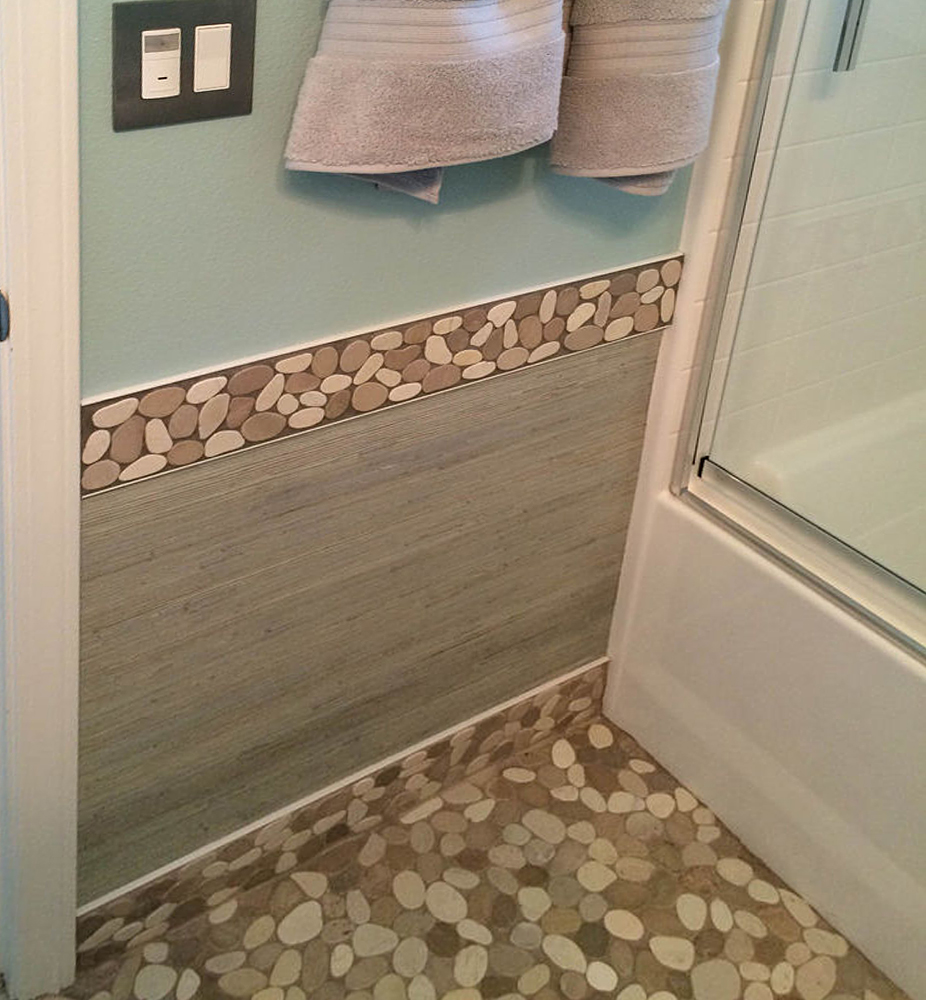 Sliced Java Tan and White Bathroom Border - Pebble Tile Shop