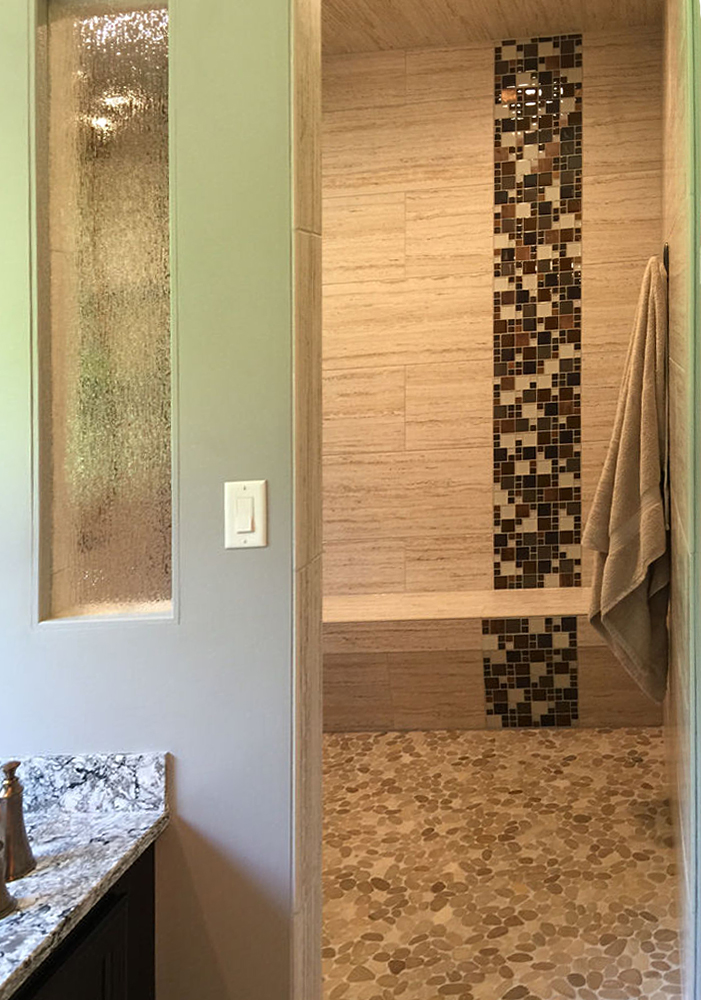 Sliced Java Tan & White Open Shower Floor - Pebble Tile Shop