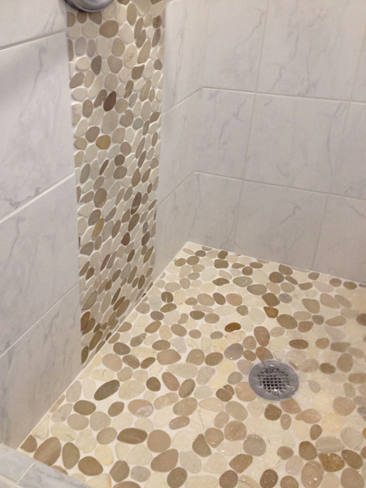 Sliced Java Tan and White Pebble Tile Shower Waterfall - Pebble Tile Shop