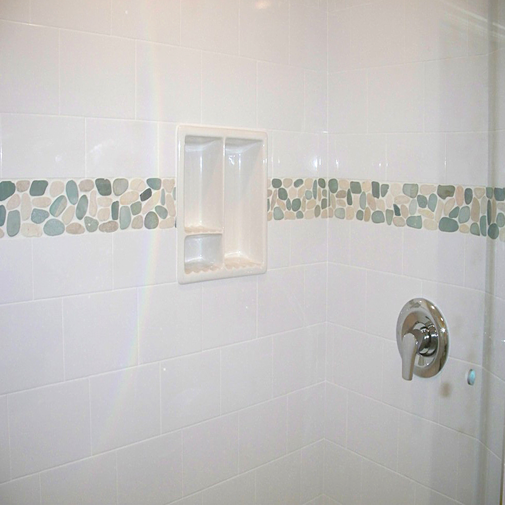Sliced Sea Green & White Pebble Tile Shower Border - Pebble Tile Shop