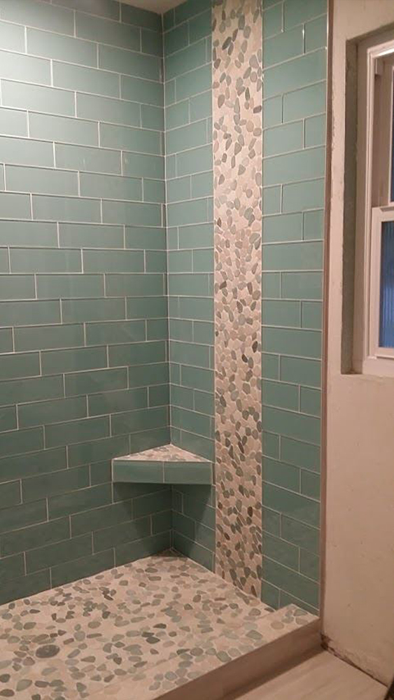 Sliced Sea Green and White Shower and Accent Wall - Pebble Tile Shop