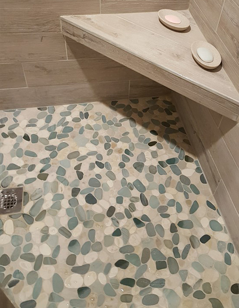 Sliced Sea Green & White Shower Pan - Pebble Tile Shop