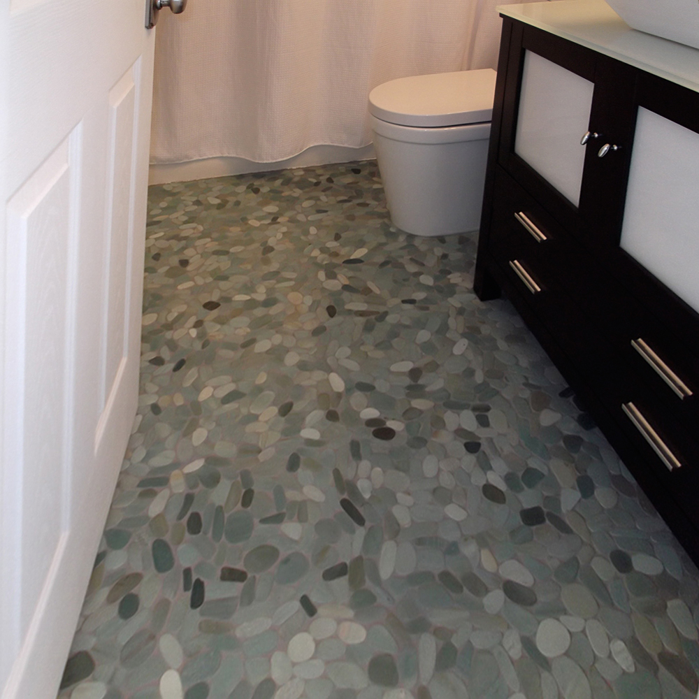 Sliced Sea Green Pebble Tile Bathroom Flooring - Pebble Tile Shop