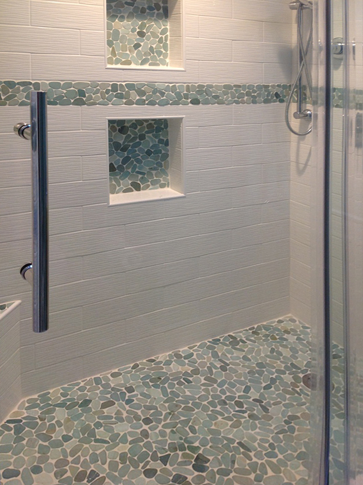 Sliced Sea Green Pebble Tile Shower Floor and Niche - Pebble Tile Shop