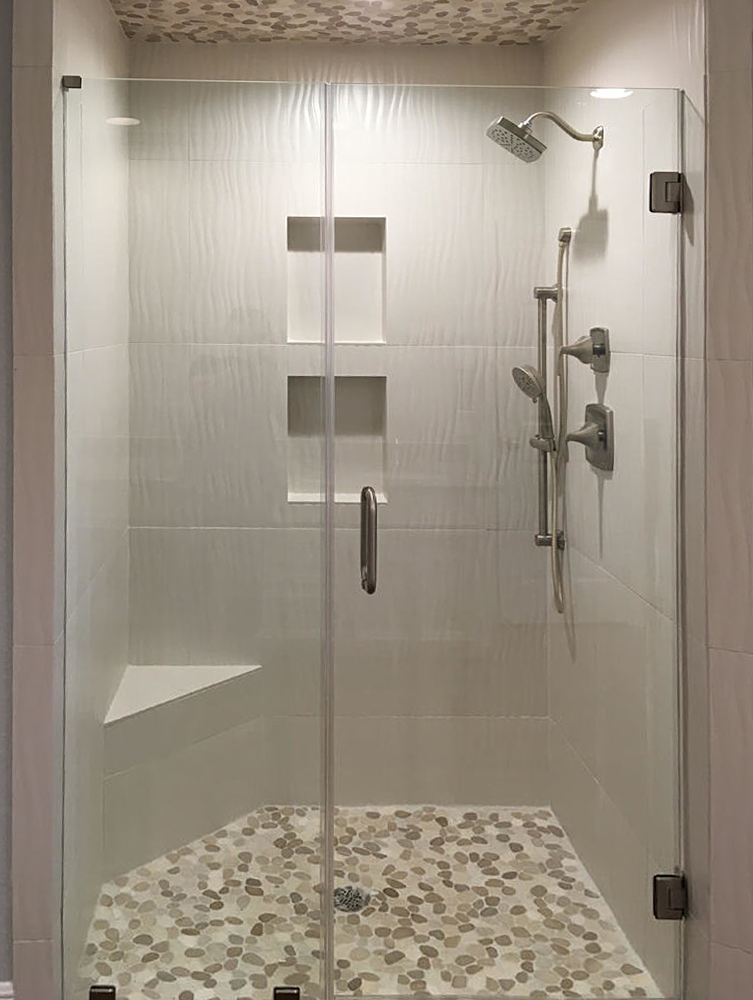 Sliced Tan and White Pebble Tile Shower Pan and Ceiling - Pebble Tile Shop