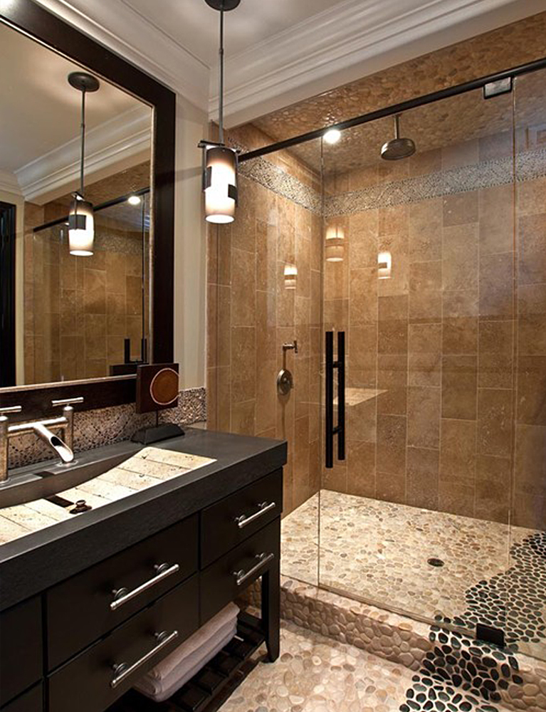 Tan & Black Pebble Tile Shower and Bathroom Flooring - Pebble Tile Shop