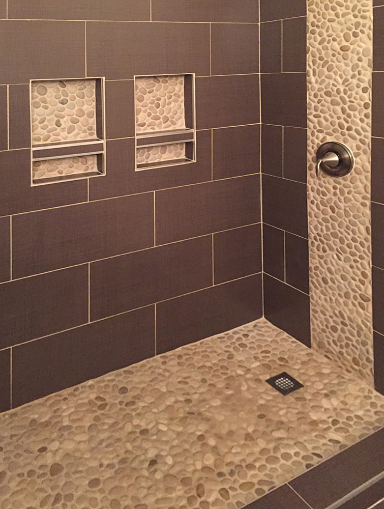 Tan Pebble Tile Shower Floor with Accents - Pebble Tile Shop
