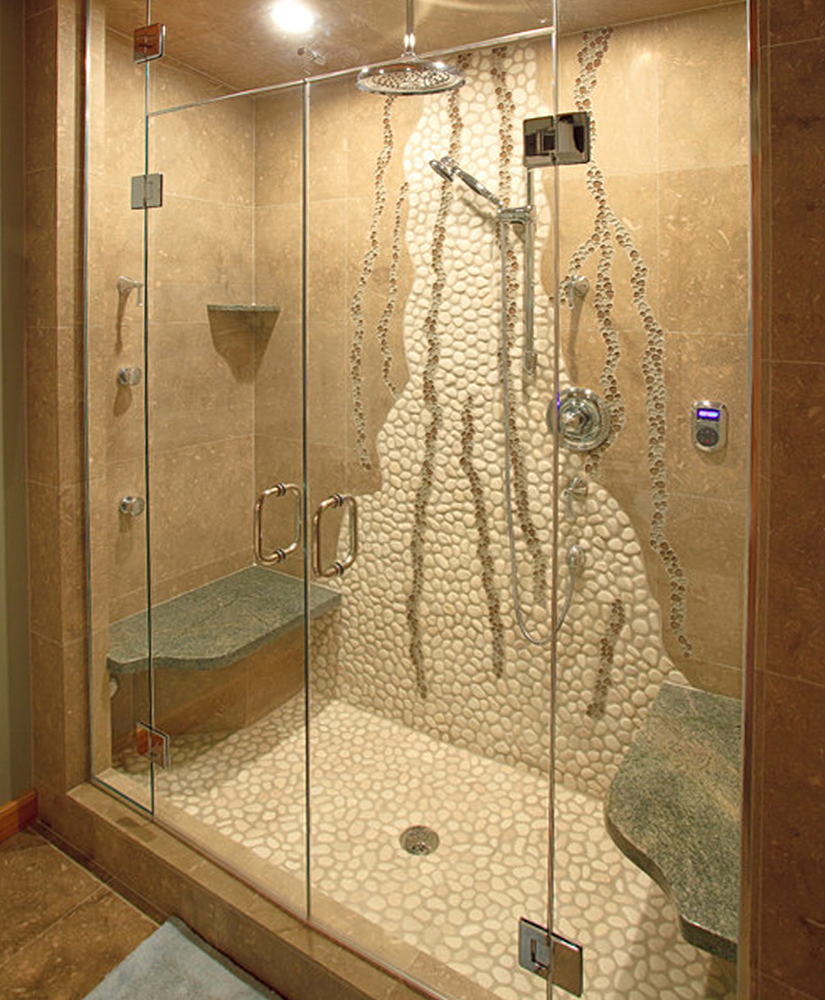 Unique Shower Wall Design with White Pebble Tile & Glass - Pebble Tile Shop