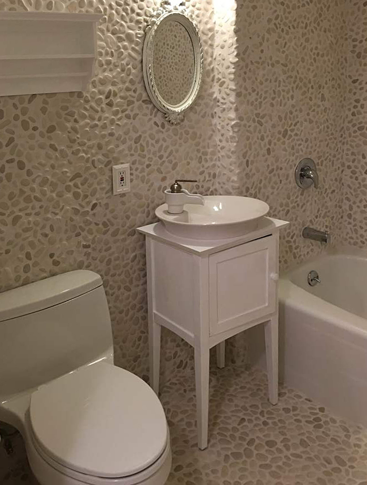 White Pebble Tile Bathroom Floor & Walls - Pebble Tile Shop