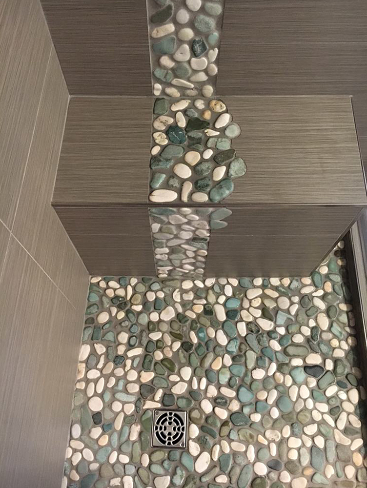 Sea Green and White Pebble Tile Shower Basin with Unique Accent Strip - Pebble Tile Shop